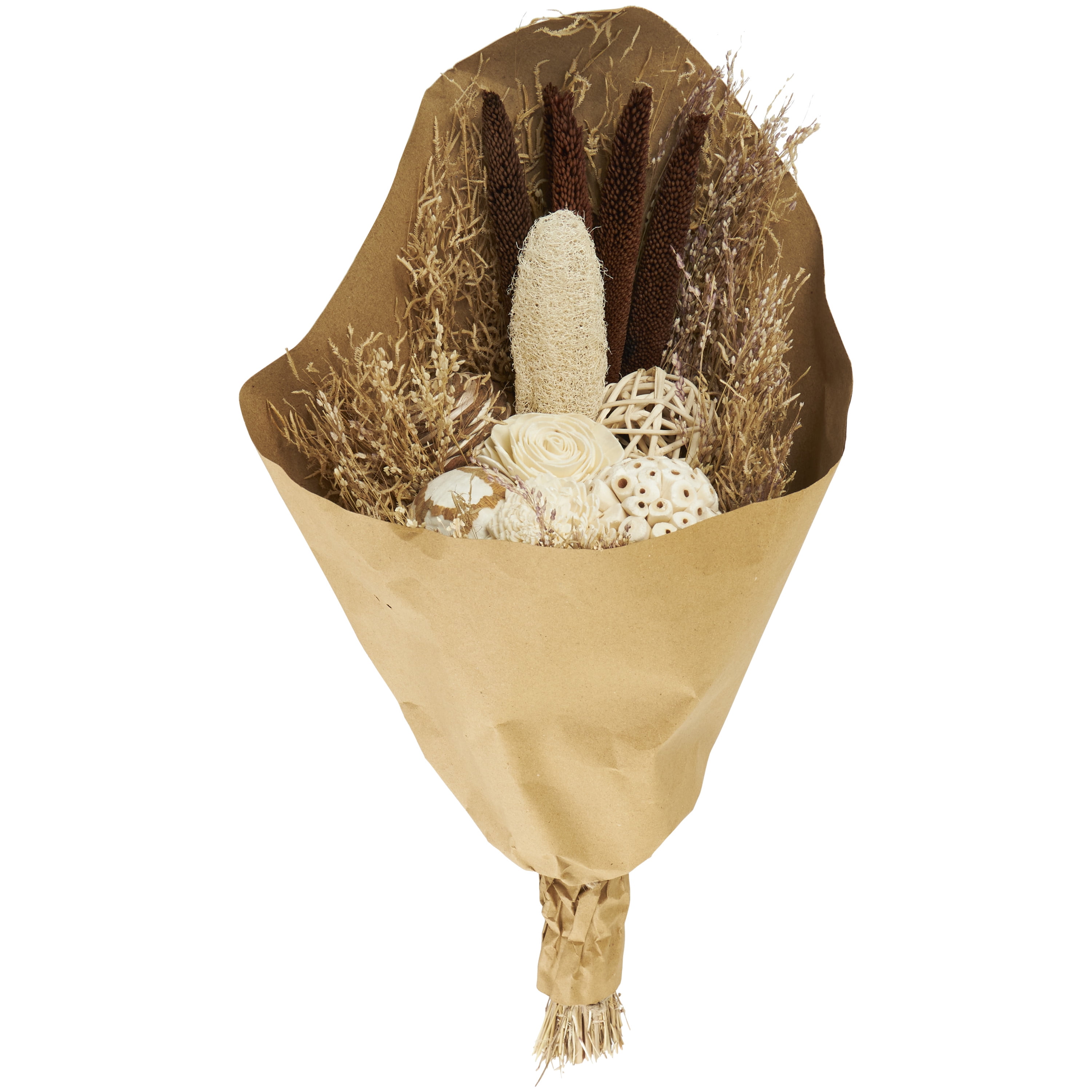 23" Brown and Beige Handmade Dried Floral Arrangement with Deco Ball Accents