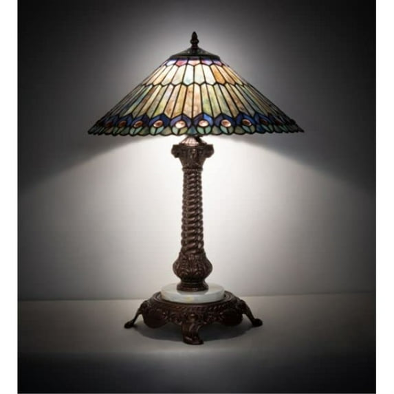 23" High Tiffany Jeweled Peacock Table Lamp