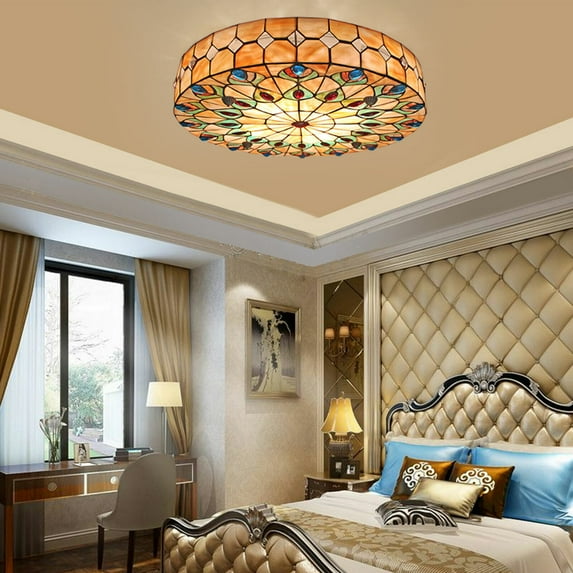 23 In Tiffany Style Stained Glass Shade Flush Mount Ceiling Lamp LED Light for Living Rooms, Bedrooms