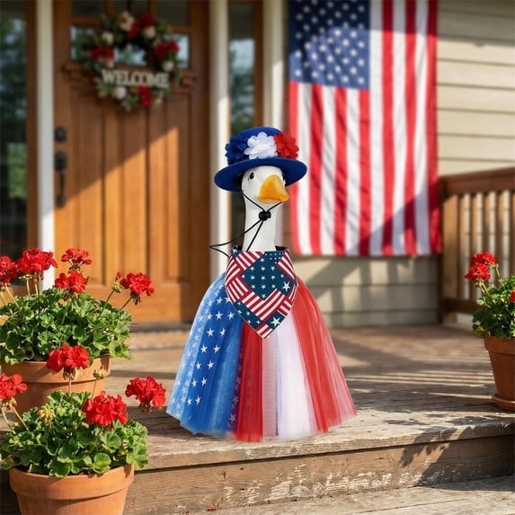 23 Inch 4Th of July Lawn Goose Outfit Set, 4Th of July Porch Goose Outfit, Patriotic Lawn Ornament Outfit, Star Print Detailing, 3 Piece 4Th of July Accessory Kit with Felt Hat,