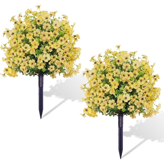 OUGPISTIYK Artificial Violet Ball Topiary Trees with Ground Spikes, 23" Fake Bushes Plants, Fade Resistant Artificial Shrubs Tree for Indoor Outdoor Front Porch Decor (2 Pcs, Yellow)