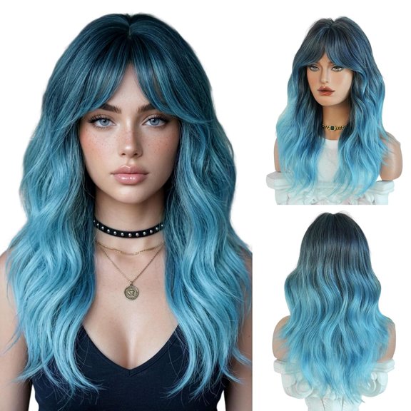 23 Inch Blue Ombre Wavy Wig with Curtain Bangs Synthetic Hair for Women