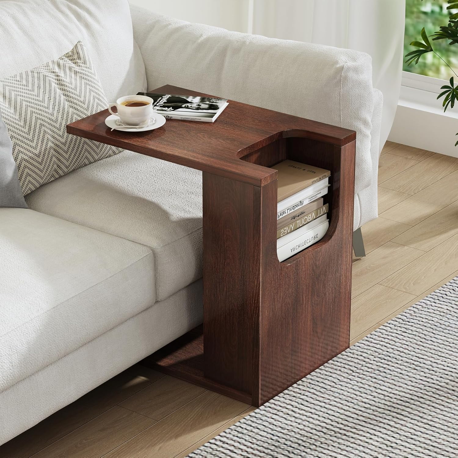 23-Inch C-Shaped End Table with Storage for Couch, Farmhouse Wood Sofa ...