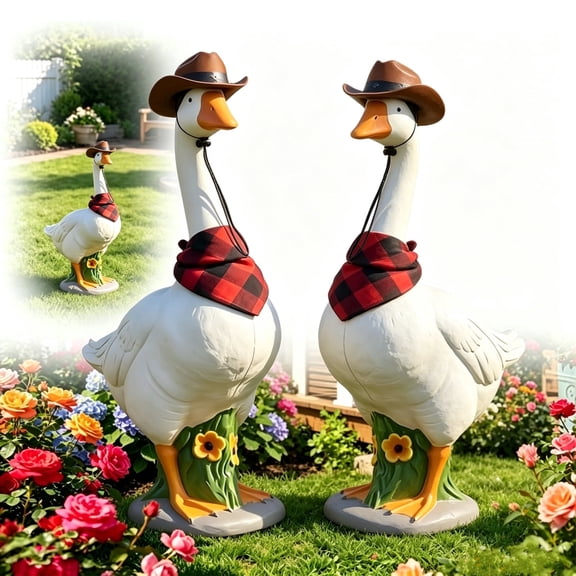 12.6in Resin Porch Goose, Adjustable Waterfowl Sculpture Statue with Removable Cowboy Hat Bandana, Premium Realistic Tall White Geese Figures for Backyard Yard Lawn Art Decoration