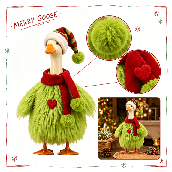23 Inch Christmas Porch Goose Outfits,Green Fuzzy Costume With Striped Hat & Scarf For Christmas 23 Inch Porch Goose Lawn Goose Statue Holiday Yard Decorations