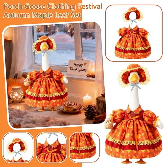 23 Inch Fall Porch Goose Costume Set, Thanksgiving Maple Leaf Dress with Matching Hat, Outdoor Autumn Decor for Porch Goose Statue, Seasonal Maple Pattern Outfit