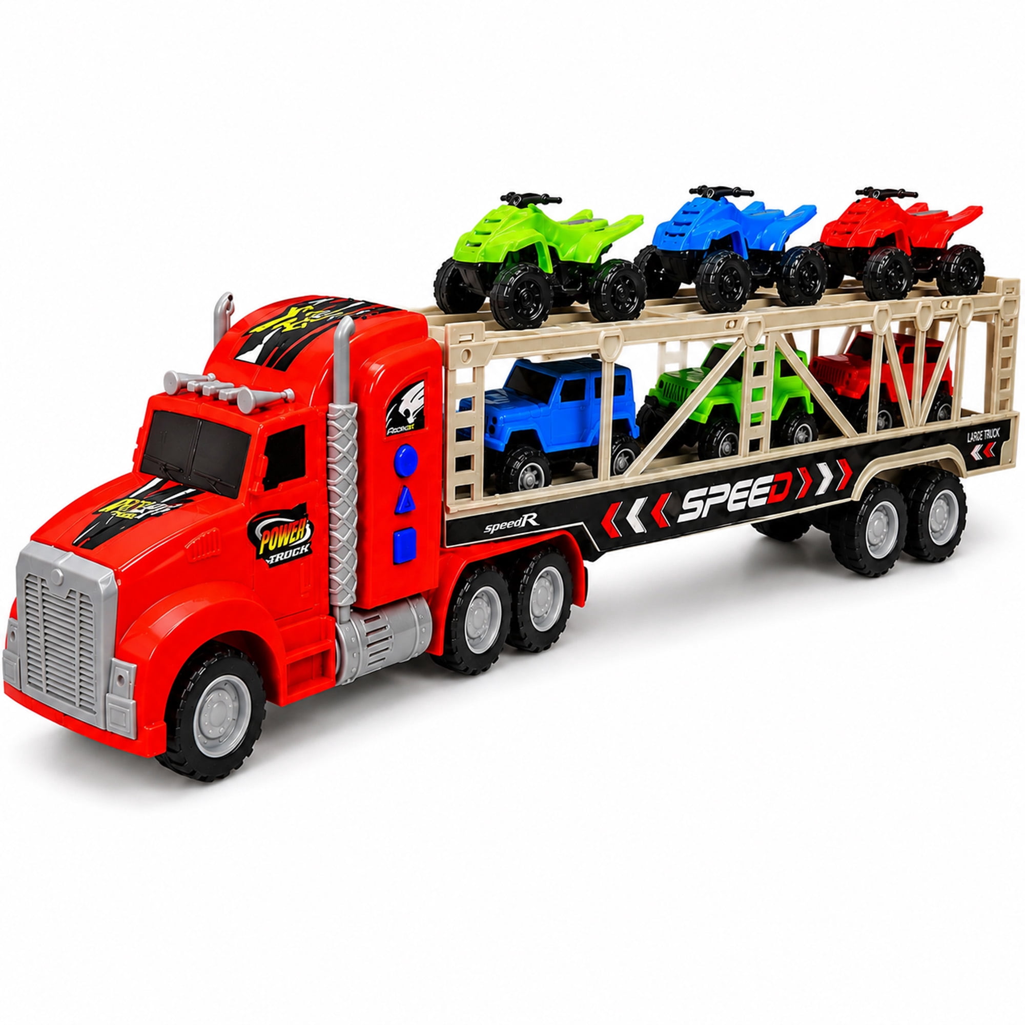 23-Inch Friction-Powered Car Carrier Truck Toy with 6 Mini Vehicles, Lights and Sounds, Detachable Trailer and Opening Rear Door