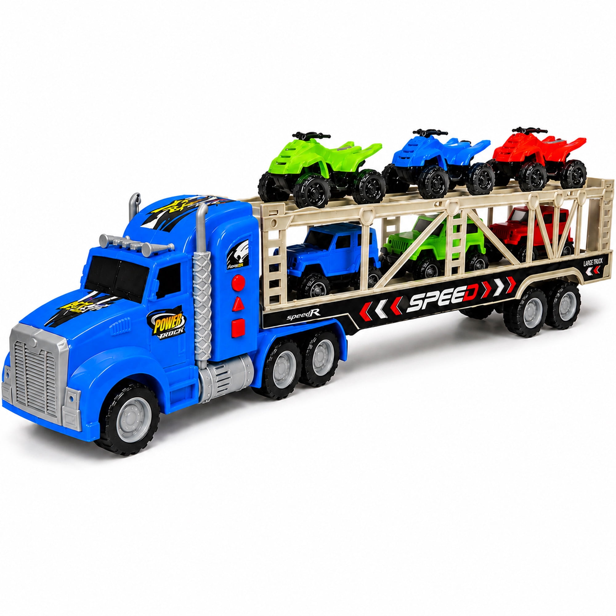 23-Inch Friction-Powered Car Carrier Truck Toy with 6 Mini Vehicles, Lights and Sounds, Detachable Trailer and Opening Rear Door