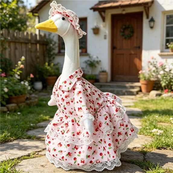 23 Inch Goose Outfit Cherry Print, Lace Dress Bonnet 2-Piece Costume Set for Lawn Goose Statue, Spring Summer Garden Party Decor