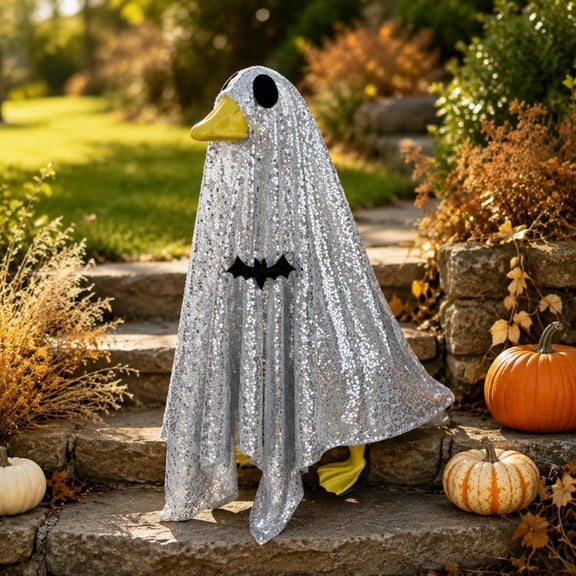 23 Inch Goose Statue Halloween Ghost Costume Set, Wind Dynamic Sequined Easy On Reusable Outfit, Eye Catching Yard Prop for Porch Patio Holiday Photo Scene Creation