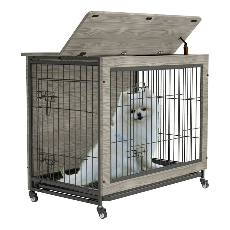 23 Inch Heavy Duty Dog Crate with Flip Top 2 Door Dog Kennel with Pull Out Removable Tray Pet Cage with Wheels for Indoor Gray