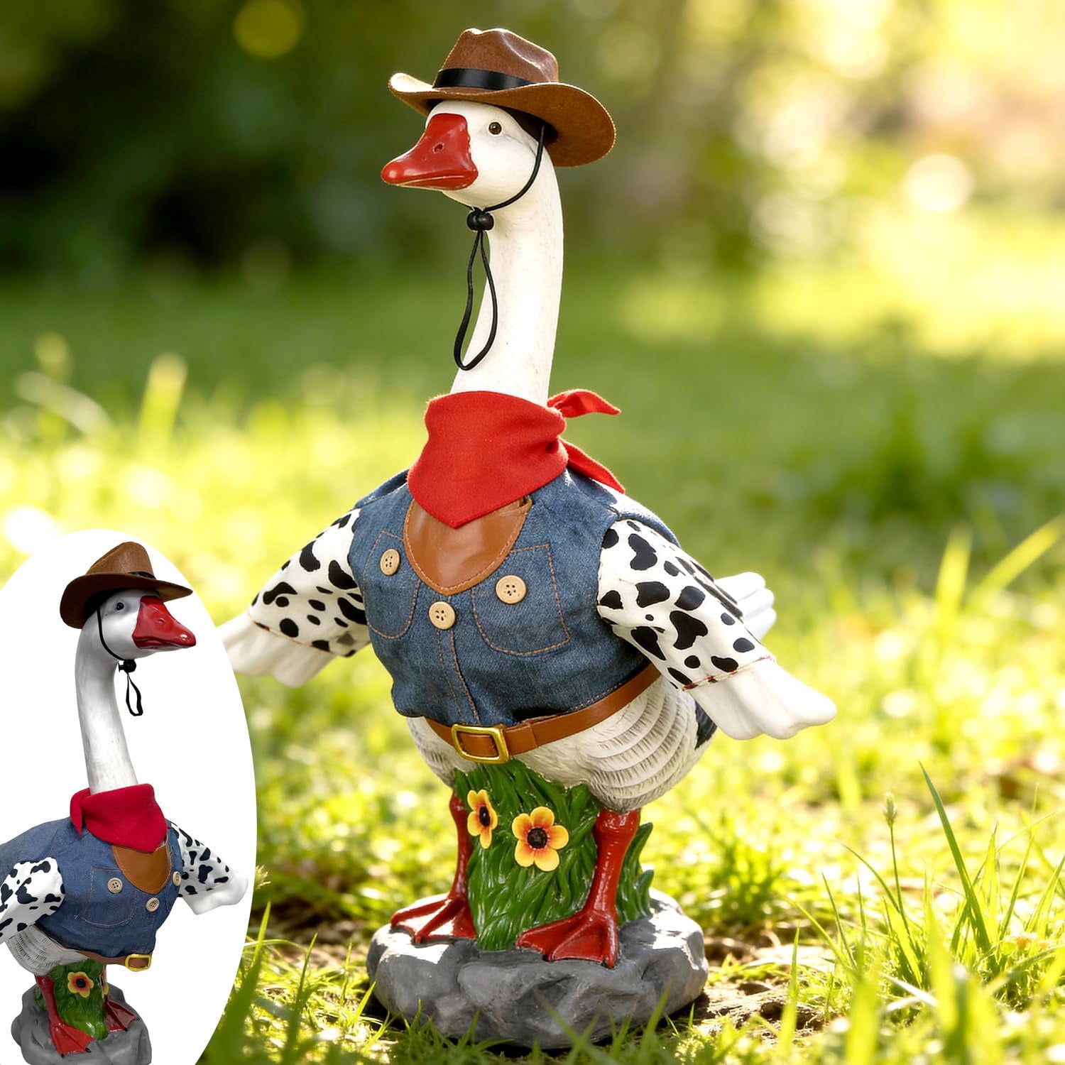 23 Inch Large Porch Goose Statue,Resin Hollow Garden Sculpture,with Detachable Cowboy Hat and Outfit,Sand Fillable Windproof Base for Yard Patio Outdoor Decor