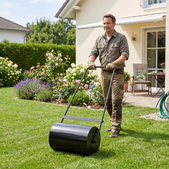 23 Inch Lawn Roller, 13 Gallon Capacity Water/Sand Fillable Sod Roller, Push & Tow Behind Steel Grass Flattener, U-Shaped Handle, for Garden, Yard, Farm, Park