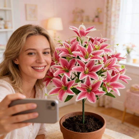 23 Inch Light Pink Lilies Artificial Flowers,Faux Lily Flowers,Long Stem Tiger Lily Branch With 3 Full Blooms And 4 Leaves, Latex Real Touch Lilium Flower 18 Head Exquisite Silk Artificial Flowers