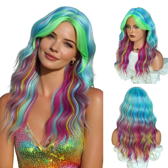 23 Inch Long Wavy Rainbow Ombre Wig with Curtain Bangs Layered Synthetic Hair Neon Green Root Blue Pink Purple Multi Color Natural Looking Heat Resistant Wig for Women