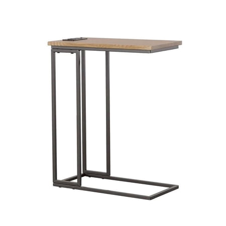 23 Inch Modern C Shape Side End Table, Wood, Metal Frame, USB, Light Brown