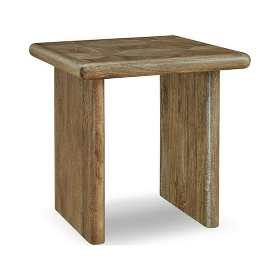 23 Inch Modern Side End Table, Brown Mango Wood, Square Geometric Surface