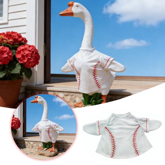 23-Inch Porch Goose Baseball Costume, Sports-Themed Outfit for Garden Goose Statues, Durable Outdoor Fabric, White with Red Stitching