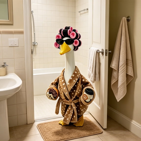 23 Inch Porch Goose Bathrobe Set with Bow Head Wrap and Foam Curlers, Fuzzy Spotted Wrap Costume for Outdoor Pool and Garden, Complete Goose Statue Clothing for Year-Round Display