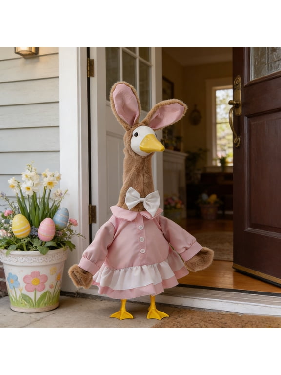 23 Inch Porch Goose Clothing, Easter Bunny Lawn Goose Outfit, Pink Ruffle Dress with Plush Bunny Ears & White Bow Set, Polyester Garden Goose Costume, Spring Porch Yard Decoration