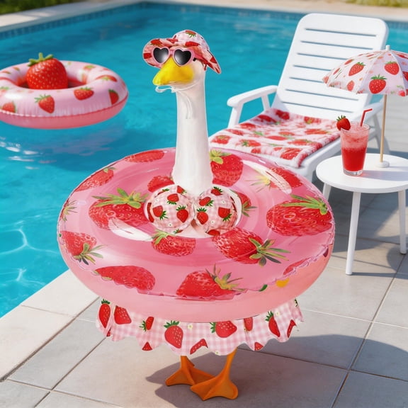 23 Inch Porch Goose Clothing Set, Porch Goose Summer Outfit, Strawberry Pattern Porch Goose Bikini, Goose Sun Hat with Matching Goose Sunglasses, Inflatable Strawberry Print Goose