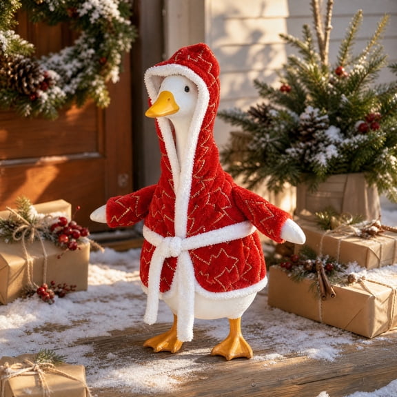 23-Inch Porch Goose Costume With Hat And Lace Up Ties Lawn And Garden Goose Statue Outfit Red Polyester Durable Outdoor Decor
