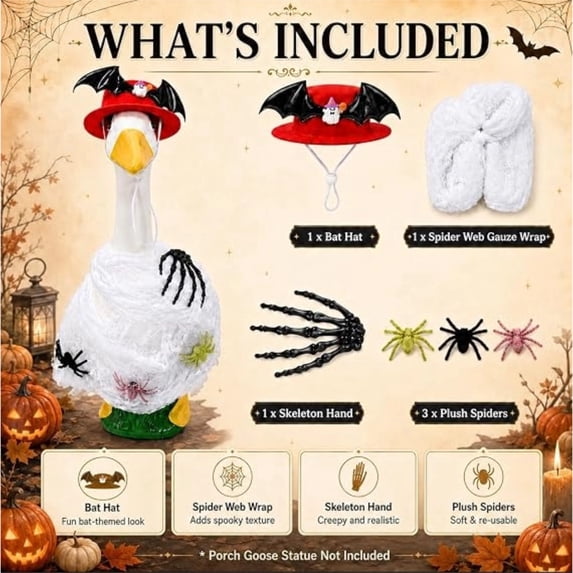 23 Inch Porch Goose Halloween Outfit, Red Bat Wings Hat Festive Dress Up Costume for Goose Figurine, Porch Courtyard Decor (D)