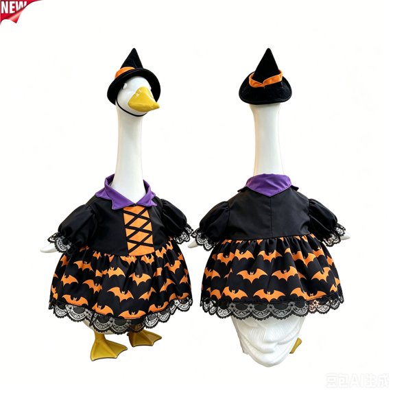 23 Inch Porch Goose Halloween Witch Costume Set, Bat Print Lace Dress with Matching Witch Hat, Weather Resistant Cloth Outfit for Outdoor Halloween Decorations Yard Lawn Garden Statue Decor Supplies