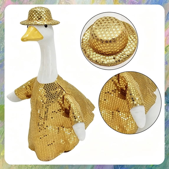 23 Inch Porch Goose Outfit with Tricolor Sequins and Matching Hat, Outdoor Garden Goose Clothes for Yard Lawn Patio Seasonal Decoration, Sparkly Goose Costume for Holiday Party Display