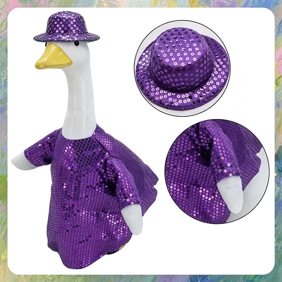 23 Inch Porch Goose Outfit with Tricolor Sequins and Matching Hat, Outdoor Garden Goose Clothes for Yard Lawn Patio Seasonal Decoration, Sparkly Goose Costume for Holiday Party Display