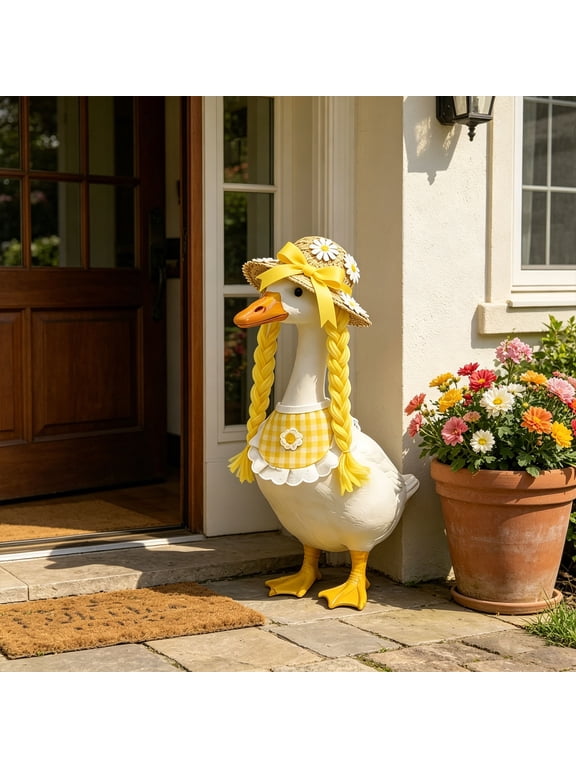 23 Inch Porch Goose Outfit, Usupdd Summer Goose Statue Costume with Straw Hat Braid Wig, Yellow Sunflower Bib Lace Accessories for Country Style Porch Goose Decor