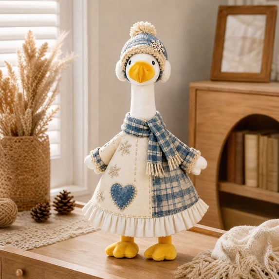 23 Inch Porch Goose Outfit Winter Knit Dress with Blue Plaid Beanie and Scarf for Outdoor Christmas Holiday Front Porch Decoration