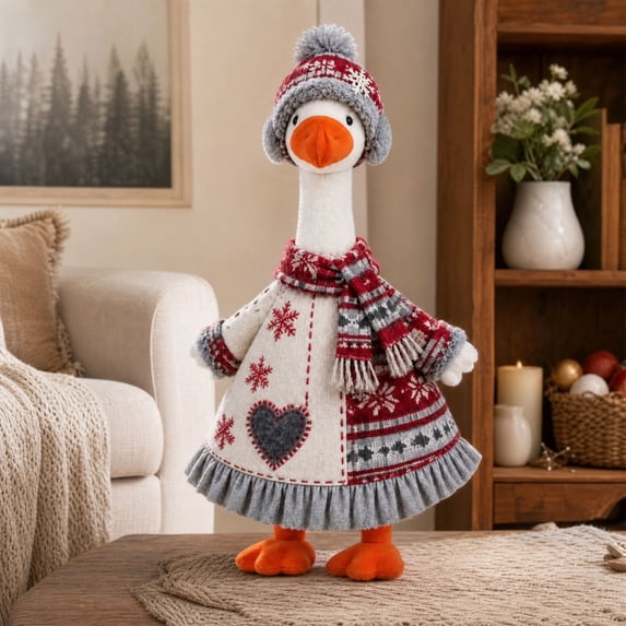 23 Inch Porch Goose Outfit Winter Knit Sweater Dress with Pom Pom Beanie and Scarf for Outdoor Christmas Front Porch Holiday Decoration