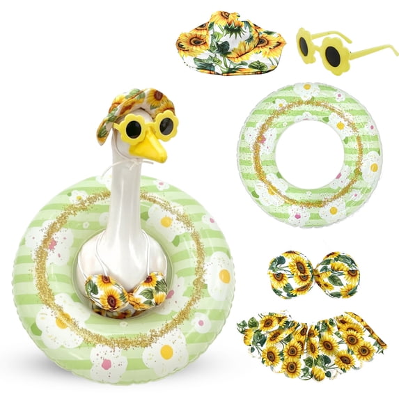 23 Inch Porch Goose Outfits 5 Piece Sunflower Floral Summer Bikini Set Bucket Hat Ruffle Skirt Flower Sunglasses Glitter Swim Float for Lawn Goose Statues Poolside Front Porch Decor