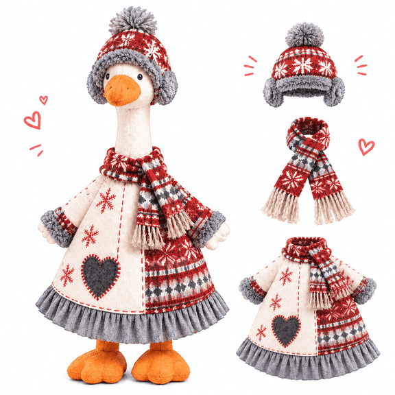 23 Inch Porch Goose Outfits with Dress,Hat and Scarf,Plaid Heart Gooses Clothing for Lawn,Patio Yard, Winter and Christmas Decor