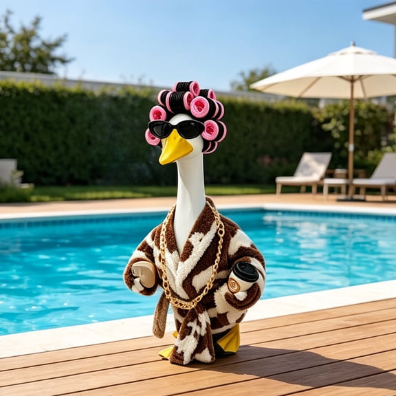 23 Inch Porch Gooses Bathrobe, Cow Deer Striped Fuzzy Wrap, Garden Pool Goose Statue Decor