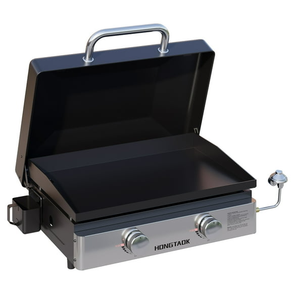 23 Inch Portable Propane Gas Grill with Lid & Ceramic Coated Baking Pan, Non-stick Tabletop Griddle Propane Outdoor Grill for Outdoor, Cooking, Barbecue, Camping Tailgating, 2 Burners