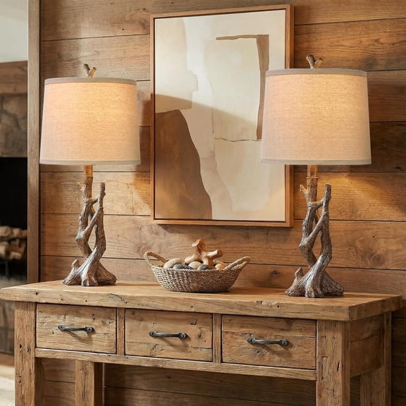 23 Inch Rustic Farmhouse Table Lamp with Oatmeal Fabric Round Shade and Tree Trunk Wood Grain Resin Base in Twig Dark Brown