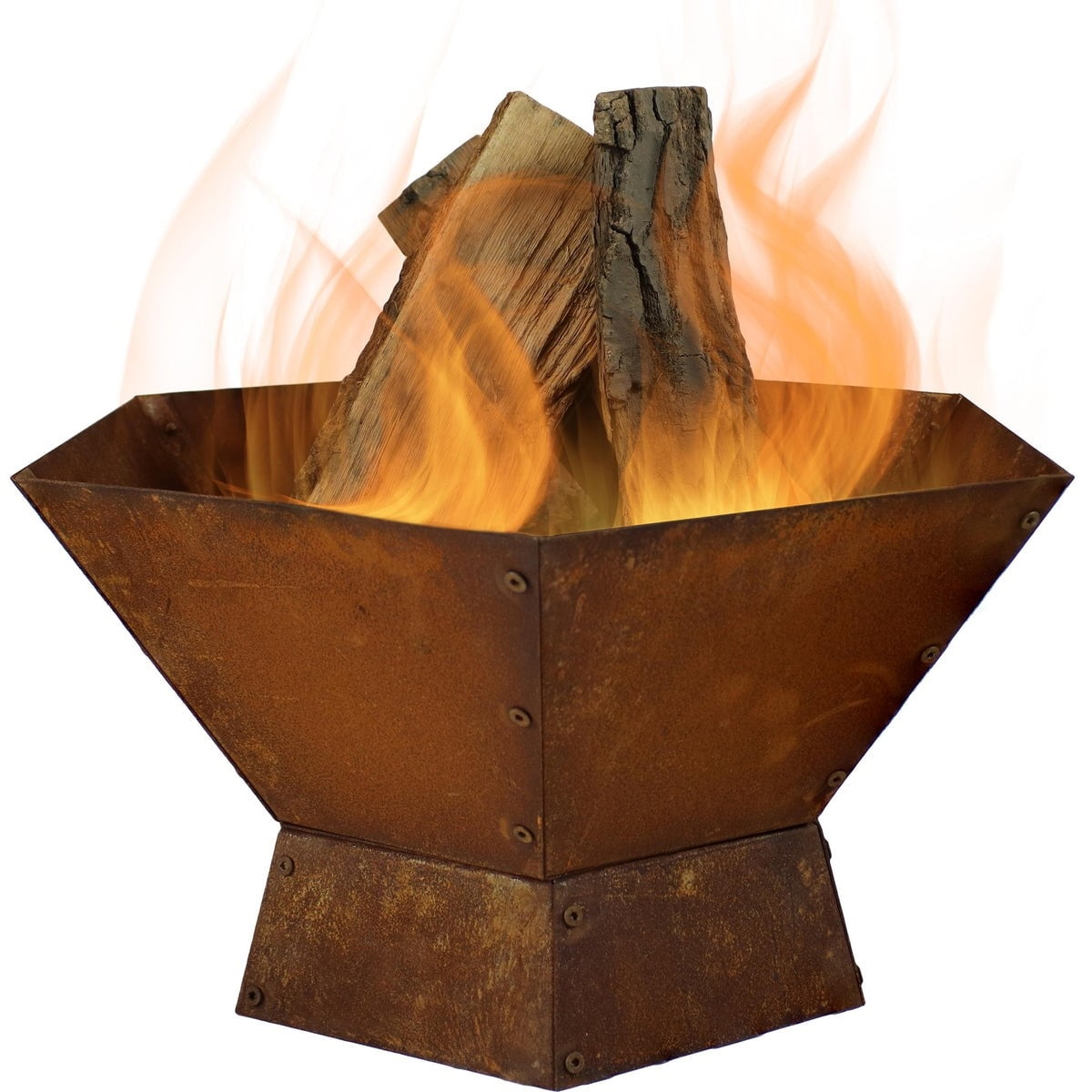 Rustic Hexagon Steel Wood-Burning Fire Pit Table in Oxidized Orange