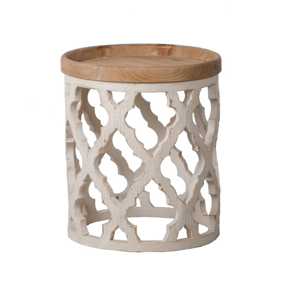 23 Inch Side Table, Vintage Wood Cutout Design, Round Top, Brown, Cream- Saltoro Sherpi