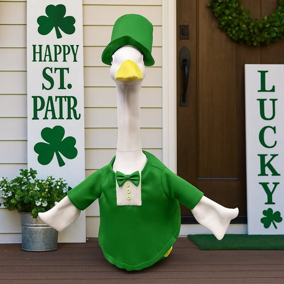 23-Inch St. Patrick's Day Porch Goose Costume Set - 3-Piece Green Shamrock Theme Outfit, Durable Weather-Resistant Fabric, Perfect for Yard Patio Home Holiday Decor & March 17 Celebration