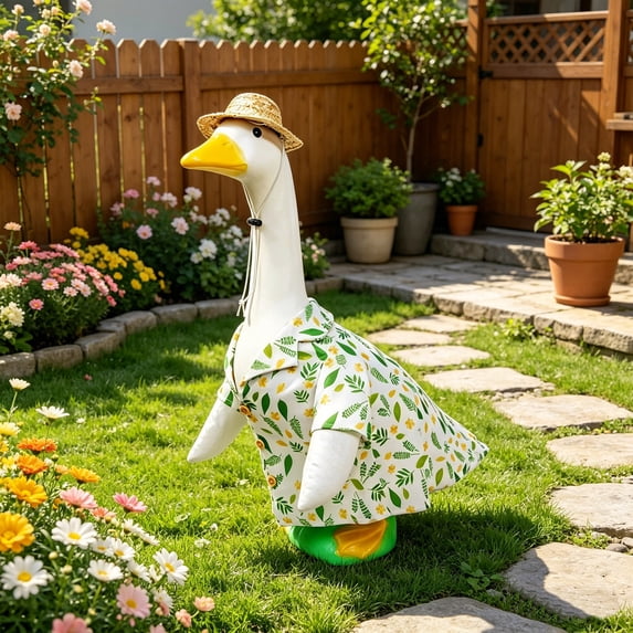 23 Inch Straw Hat Shirt Porch Goose Outfit, Porch Goose Costume Fits 23" Large Cement Goose Statue, Lawn Geese Clothes for Outdoor Patio Yard Garden Decor