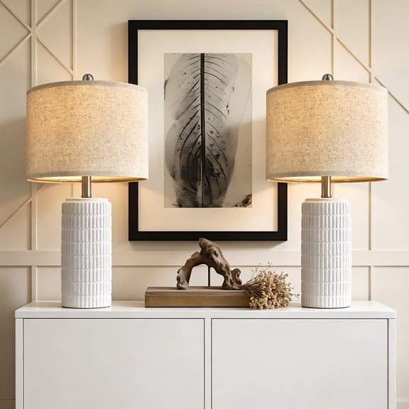 23-Inch Table Lamp, Farmhouse Bedside Lamps Set of 2 for Bedroom, Ceramic End Table Lamps for Living Room, Traditional Nightstand Desk Lamps, Frosted White Finish, Medium