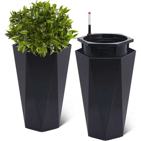 23 Inch Tall Outdoor Planters Set of 2, Self Watering Pots for Indoor Plants with Water Level Monitor & Drainage Hole & Wheels,Black