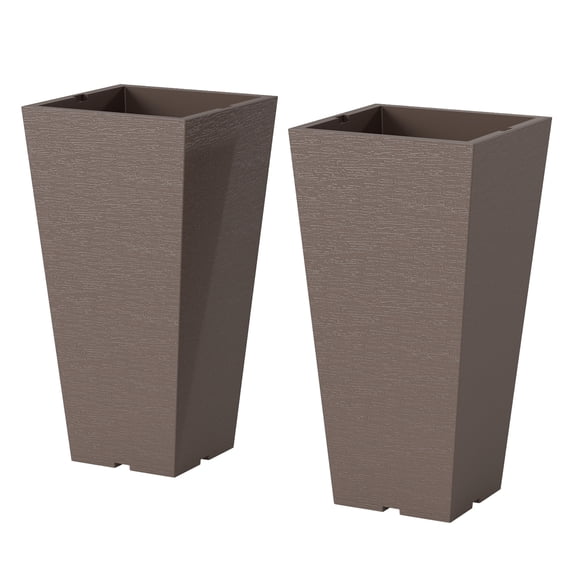 23 Inch Tall Planters, Set of 2 - Outdoor Flower Pots Plastic - Front Door Patio Garden - Brown