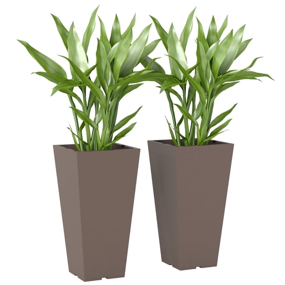 23 Inch Tall Planters for Outdoor Plants, Set of 2 Plastic Flower Pots, for Front Door Patio Garden Use, Brown