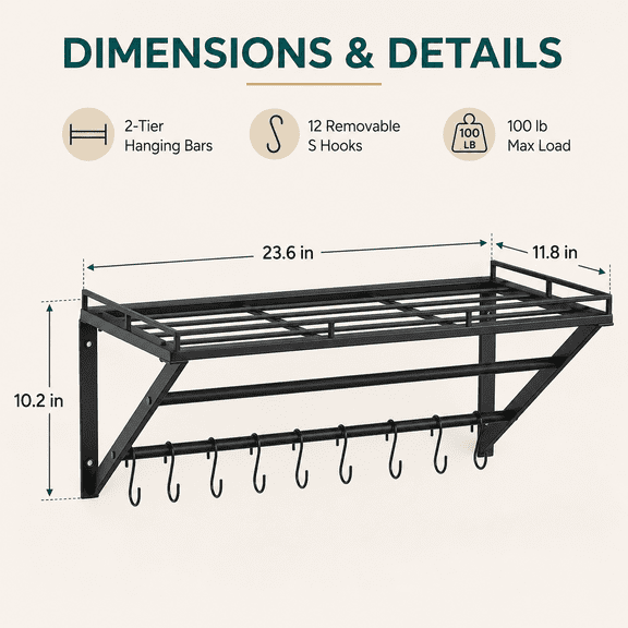 23 Inch Wall Mounted Pot Rack Storage Shelf with 2 Tier Hanging Rails and 12 S Hooks, Black Metal Hanging Pot Holder for Pans, Utensils, Cookware, Kitchen Organizer
