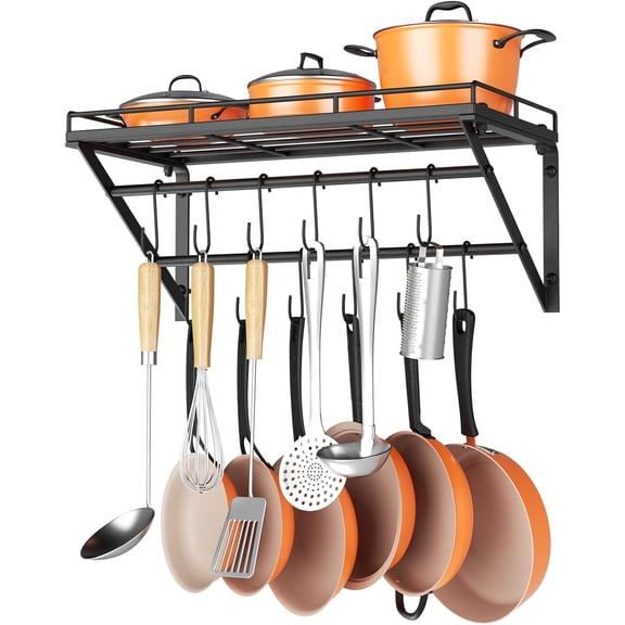 23 Inch Wall Mounted Pot Rack Storage Shelf with 2 Tier Hanging Rails 12 S Hooks included, Ideal for Pans, Utensils, Cookware, Plant Black