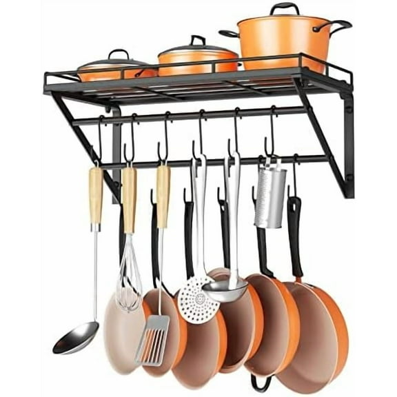 23 Inch Wall Mounted Pot Rack Storage Shelf with 2 Tier Hanging Rails 12 S Hooks included, Ideal for Pans, Utensils, Cookware, Plant Black