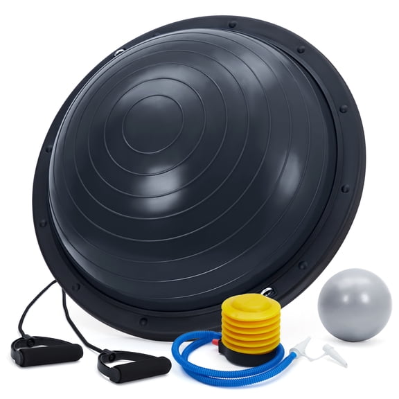 23 Inch Yoga Half Ball with ABS Base & 30" Resistance Bands, 6 Non-Slip Feet Anti-Skid Balance Trainer, Black